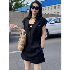 欧洲站2025夏季新款时尚休闲宽松显瘦无袖衬衫阔腿短裤两件套装女