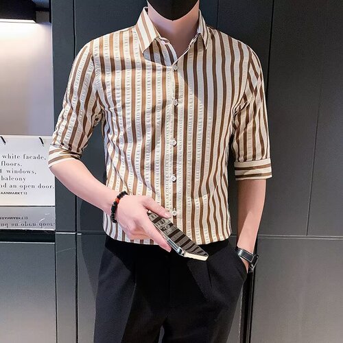 2024 Summer New Ice Striped Short-Sleeve Top Loose High-End Shirt Men's Trendy Bad Boy Stylish Versatile Collared Shirt
