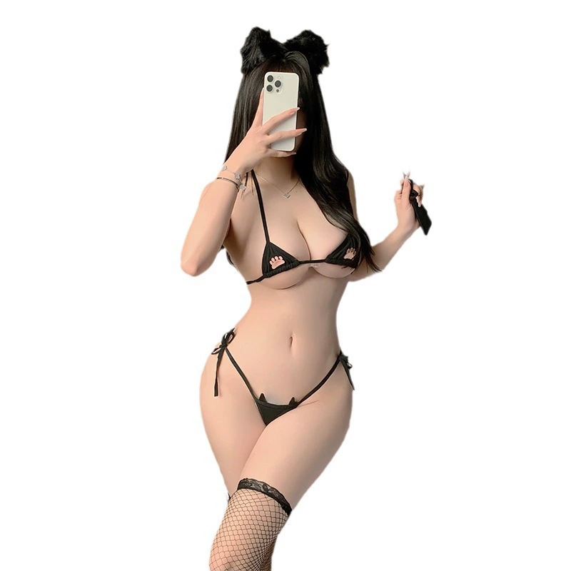 sexy underwear sexy bikini cat three-point lace-up cat claw embroidered seduction pajama set 780