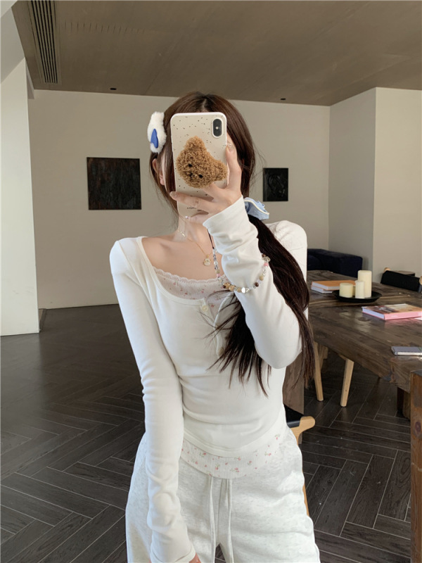 实拍~奶里奶气碎花假两件上衣加绒打底衫女休闲百搭纯欲T恤88616|undefined