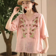 古咖服饰重工刺绣苎麻衬衫女式欧根纱拼接V领套头衫文艺中袖上衣