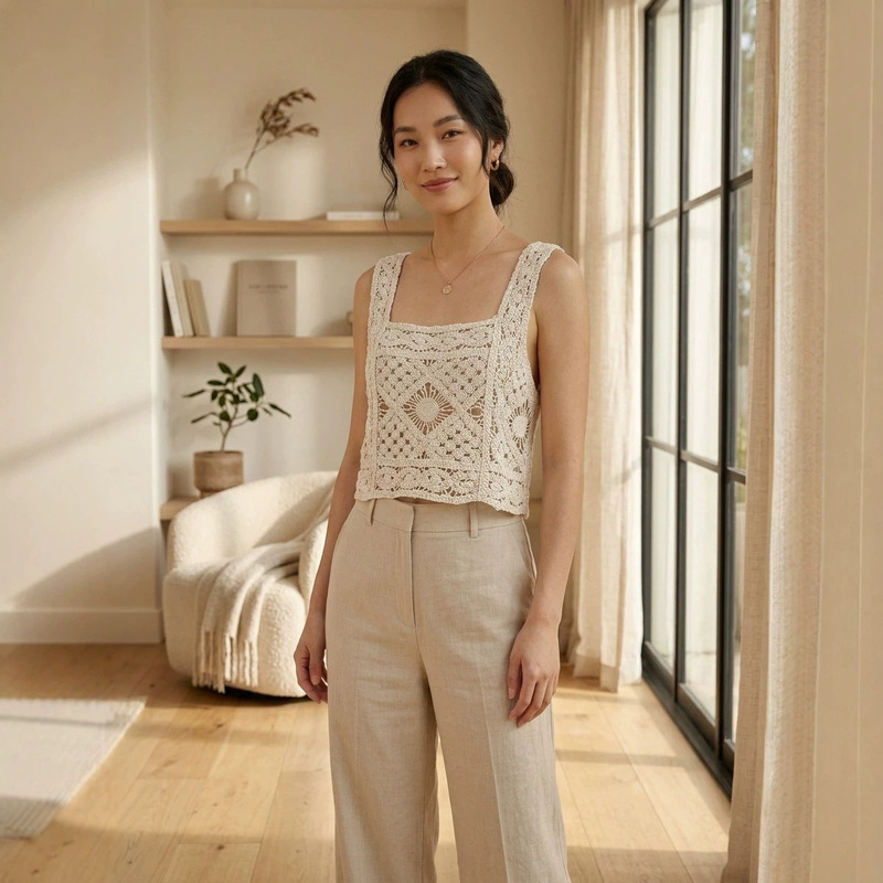 Crochet Hollow Square Neck Short Vest for Women, Summer Casual Breathable Knit Sleeveless Top, Cotton and Linen Material