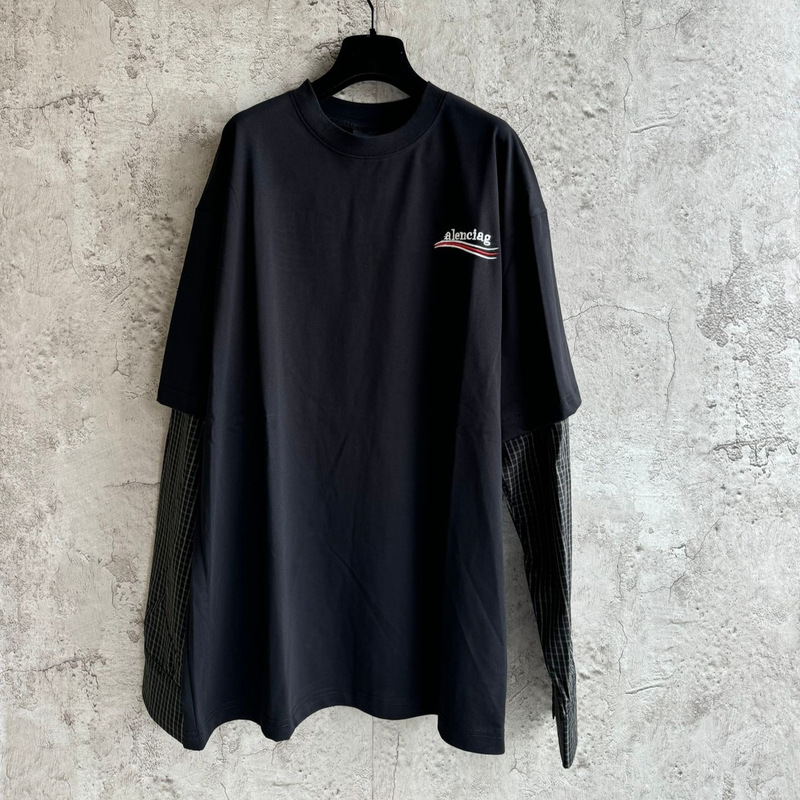 Correct Edition Paris B Coke Wave Embroidered Long-sleeved T-shirt Men's and Women's Couple Family Fake Two-piece tee Base Shirt Correct Edition Paris B Coke Wave Embroidered Long-sleeved T-shirt Men's and Women's Couple Family Fake Two-piece tee Base Shirt