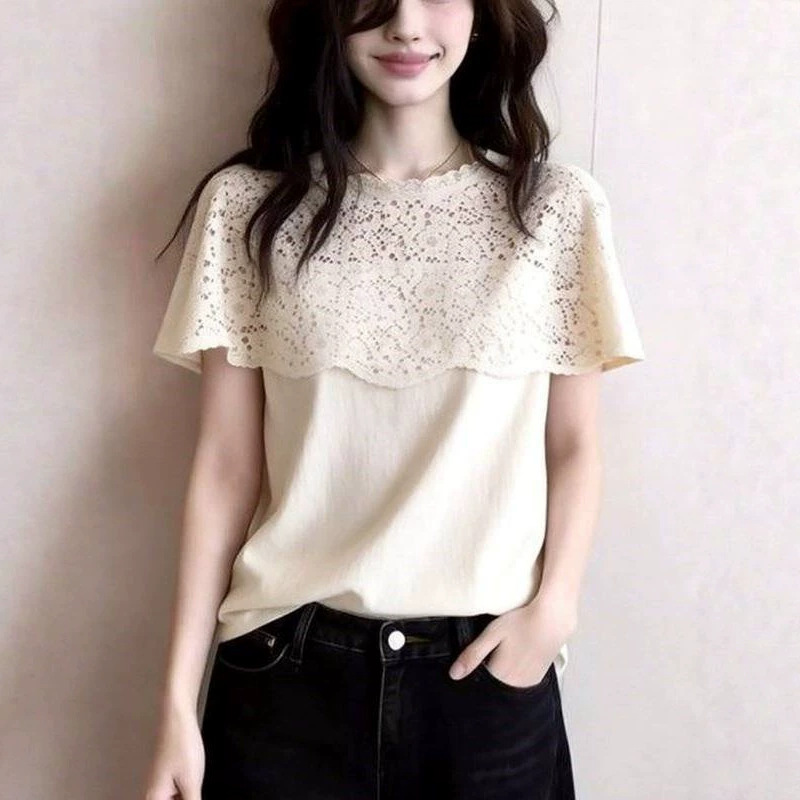 French-Style Lace Patchwork Short-Sleeve T-Shirt for Women, 2026 Summer Design, Unique and Stunning, Slimming Top A11907 French-Style Lace Patchwork Short-Sleeve T-Shirt for Women, 2026 Summer Design, Unique and Stunning, Slimming Top A11907