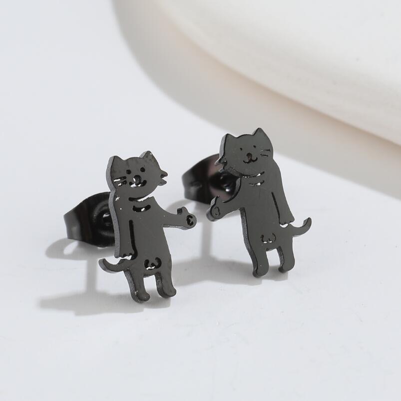 Cute Cat Titanium Steel Hollow Out Ear Studs 1 Pair