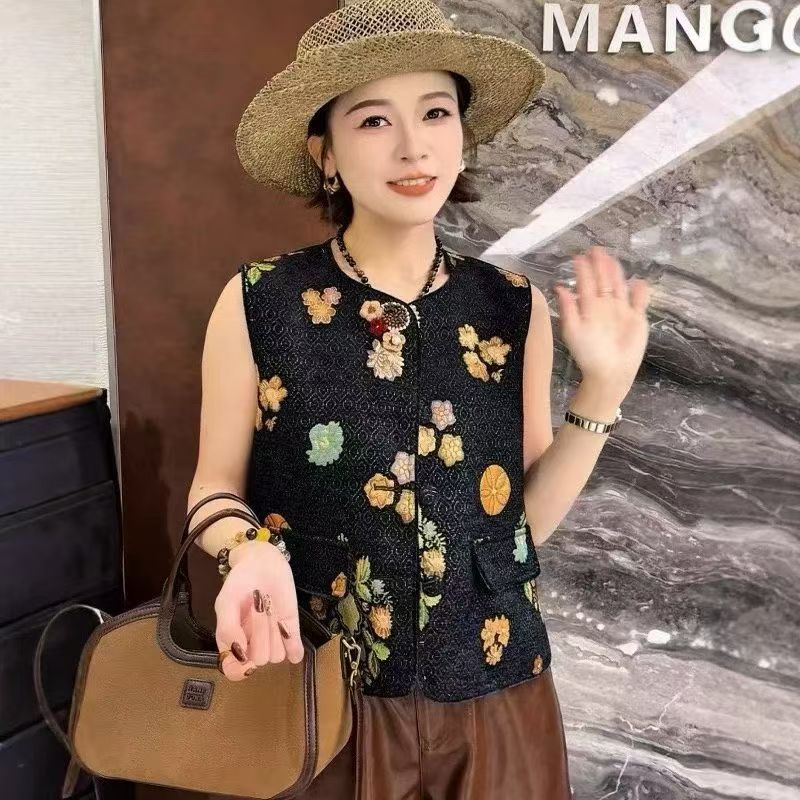 新中式国风马甲背心女2025早秋新款盘扣坎肩洋气高级感提花上衣|undefined