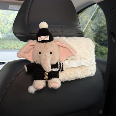 Box for Front and Rear Seats, Car tissue box/set - l-black-hat-black-m-gold-buckle-coat-gray-elephant-left-white-velvet-bag