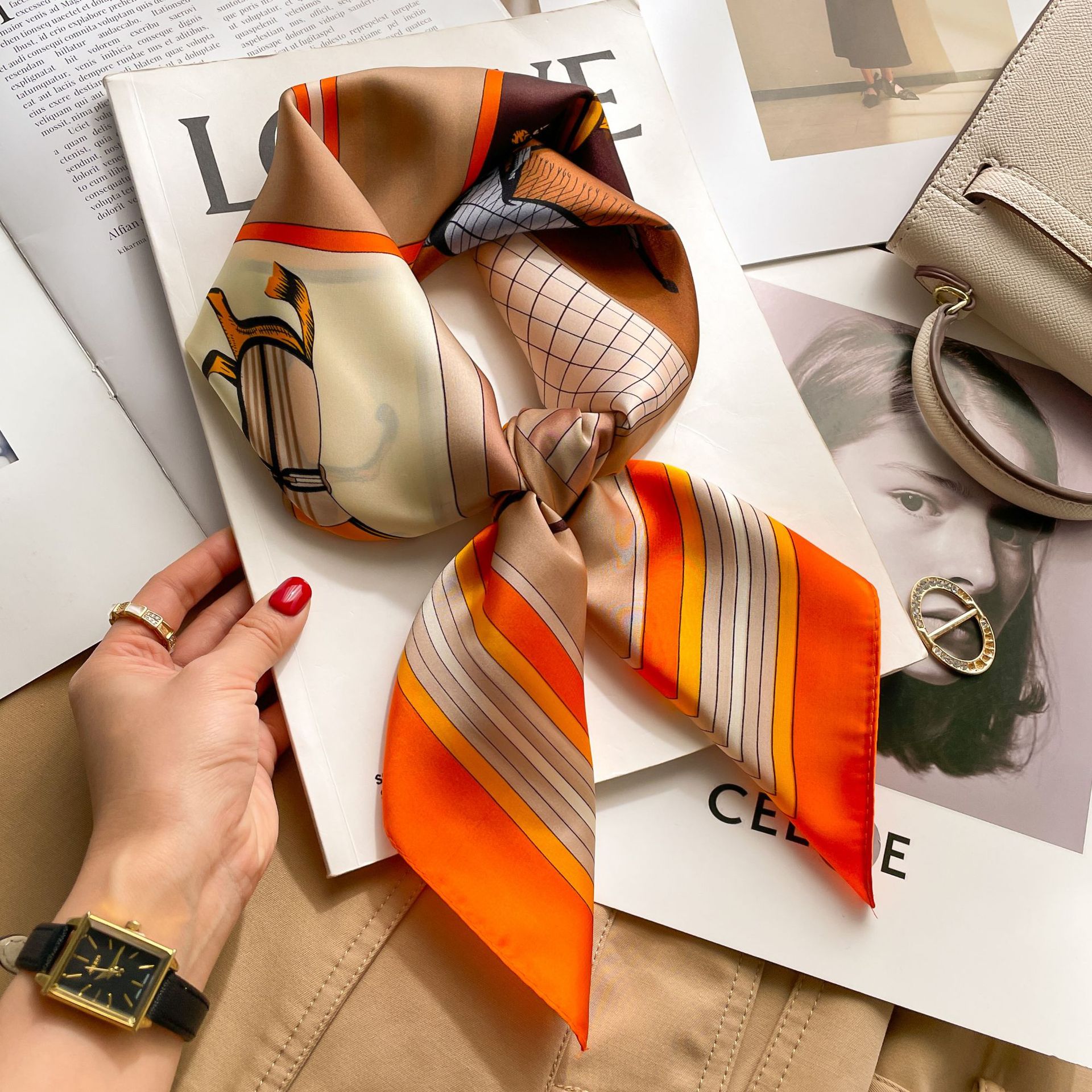 A0116 격자 무늬 롱 오렌지