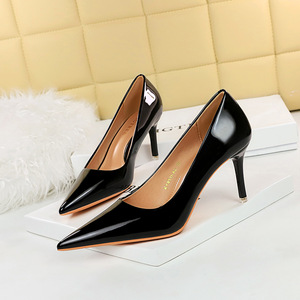 9511-a6 European and American style fashion simple thin heels high heels bright lacquer leather shallow mouth pointed wo