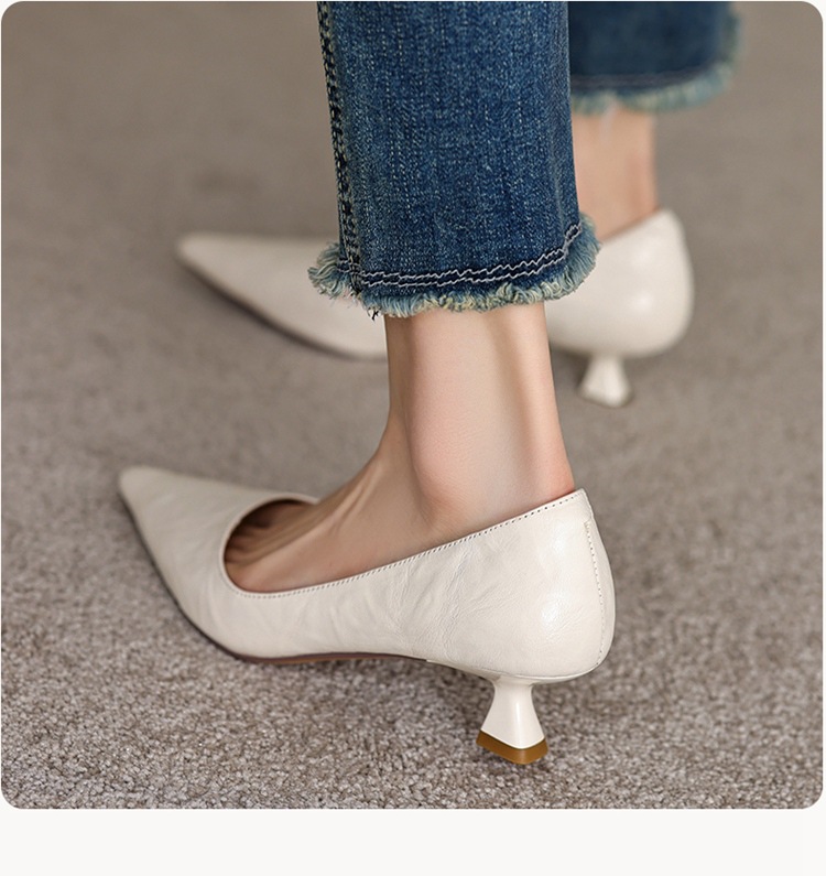 Giày cao gót nữ mũi nhọn da cừu gót vuông ổn định, xỏ chân miệng nông, kiểu mới xuân thu — Màu nâu chi tiết 12
