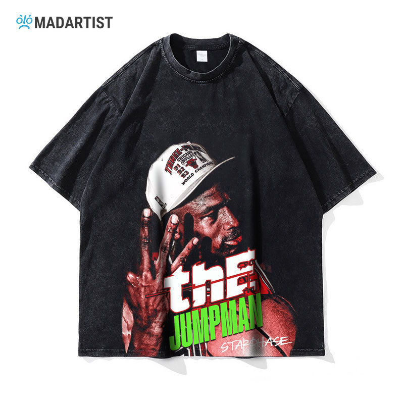 Michael Jordan Digital Print Short-Sleeve Basketball God T-Shirt Washed Vintage American Retro Trendy Men's Clothing