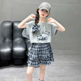 女童夏裙子套装刺绣小狗T恤蛋糕裙两件套中大童2025新款半身裙韩