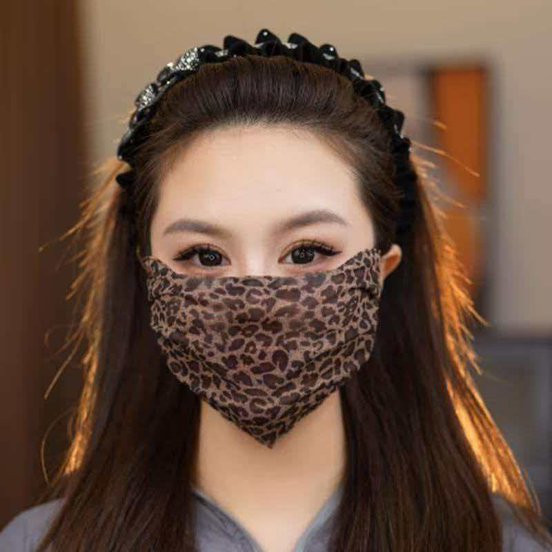 Summer New Trendy Leopard Print Sun Protection Mask, Lace Breathable Sunshade Face Mask, Thin Style That Makes the Face Look Smaller, Ear-Hanging Type Mask