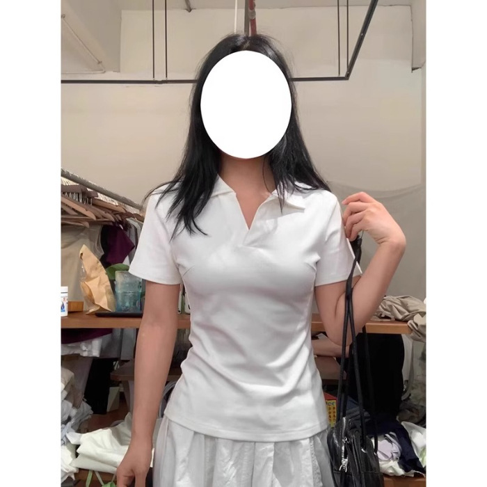 ピンクの右肩ポロシャツラペル半袖Tシャツレディース夏服2025新作スリムフィットトップ|undefined