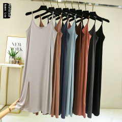 2022夏季女裝莫代爾修身中長款雙肩吊帶裙高彈力側開叉百搭打底衫