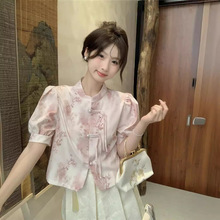 新中式国风清冷感水墨衬衫女装夏季印花设计立领衬衣短袖开衫上衣
