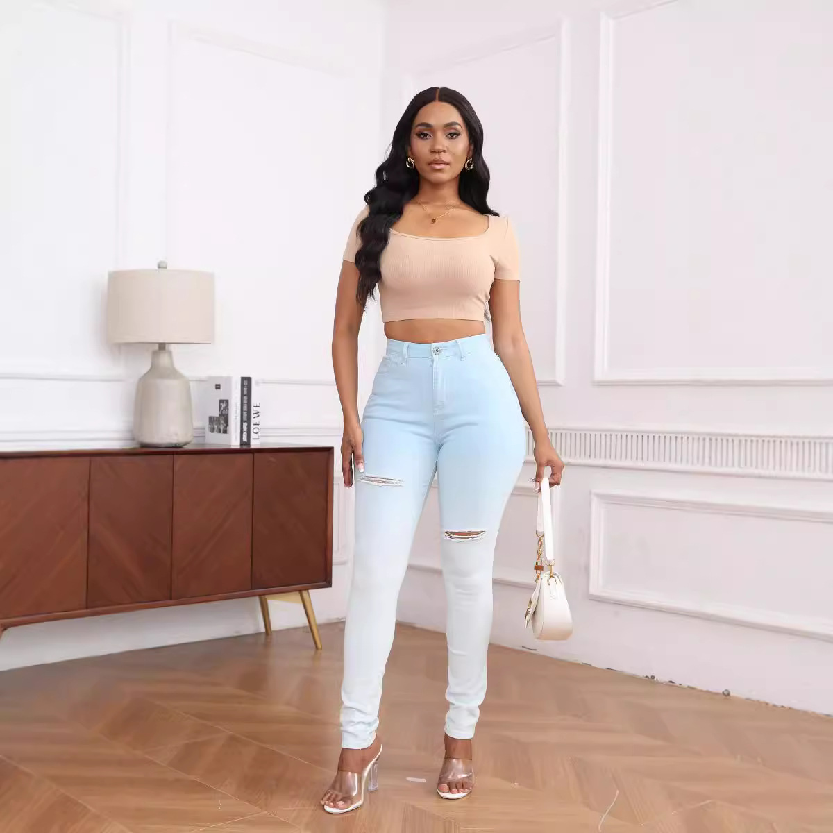 Comercio exterior agujero primavera y verano Amazon eBay blanqueado y teñido jeans azules y blancos jeans de cintura alta mujeres degradado personalizado nuevo