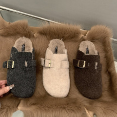 厚底毛毛鞋加绒保暖棉鞋包头半拖外穿羊绒呢子平底勃肯鞋女冬单鞋