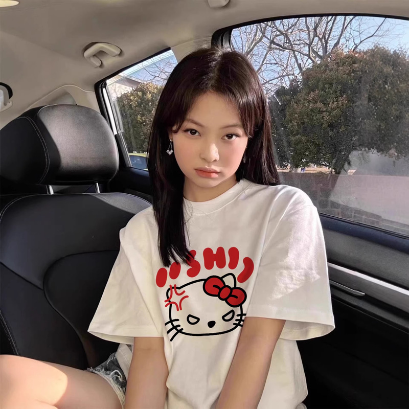White Short-Sleeve T-Shirt for Women, Hello Kitty Spring/Summer 2026 New Style, Loose Fit, Plus Size, for Petite Students White Short-Sleeve T-Shirt for Women, Hello Kitty Spring/Summer 2026 New Style, Loose Fit, Plus Size, for Petite Students