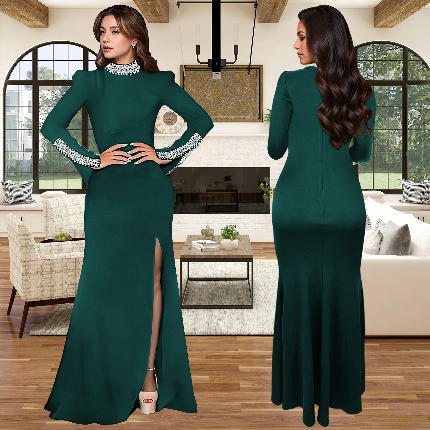 C7271 Cross-border AliExpress Amazon Moda europea y americana Vestido de manga larga de diamantes calientes de color sólido para mujer Nuevo image 5