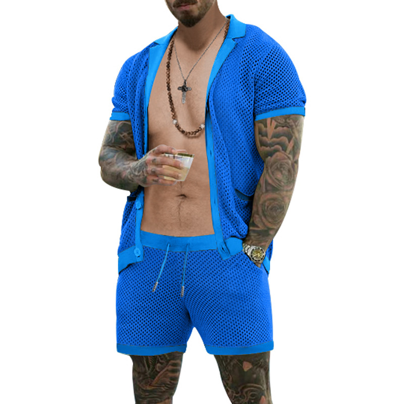Traje de verano de ropa de hombre transfronterizo de Amazon de malla europea y americana de punto casual camiseta de solapa pantalones cortos de manga corta ropa de hombre