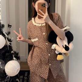 夏季新款 100% 婴儿棉碎花睡衣女 短袖长裤蕾丝边开衫家居服
