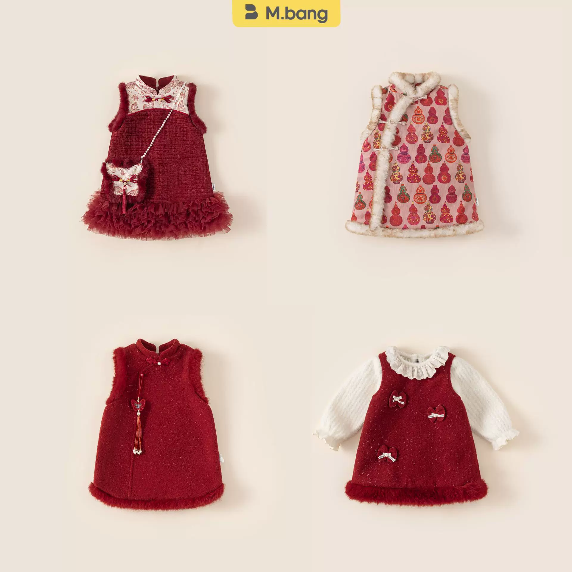 邦选冬季新品女宝宝拜年服红色汉服国风旗袍裙儿童连衣裙女童裙子