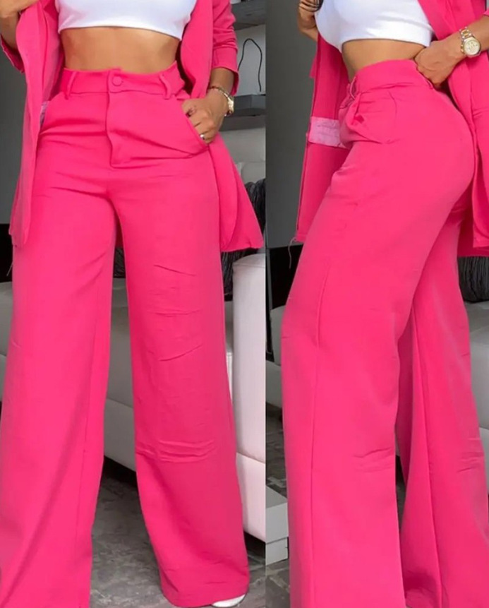 women's sets Women's and Elegant Solid Color Split Sleeve Lapel Suit Pocket Straight leg Trouser Set_voghion.com
