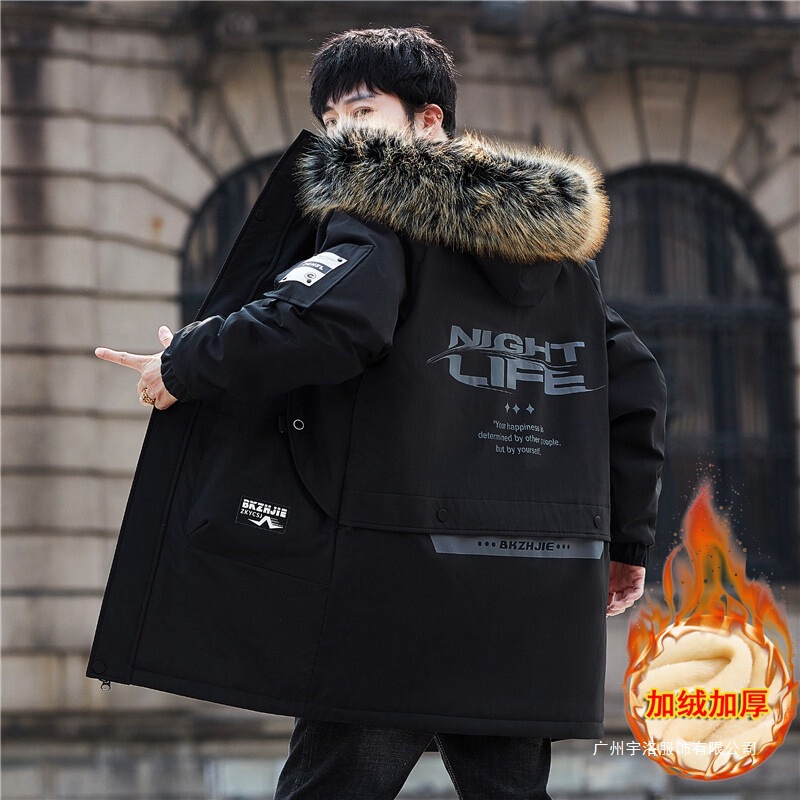 Can Be Shipped on Behalf of Others 2024 New Style Mid-Length Fleece-Lined Thickened Jacket for Men Versatile Trendy Cotton Jacket in Off-White and Gray