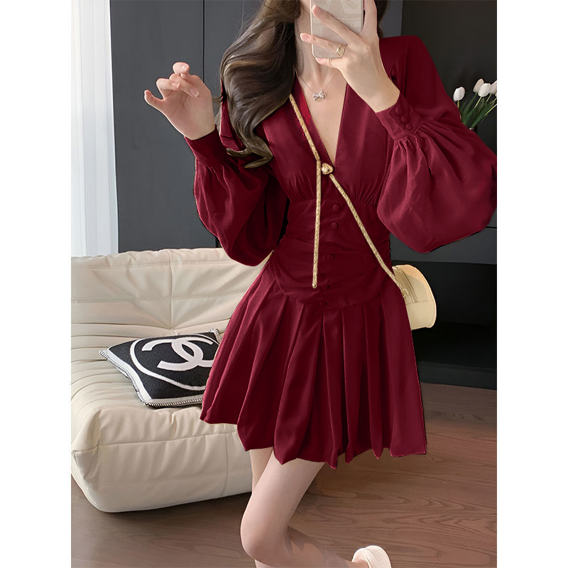 Women's Chiffon V-Neck Lantern Sleeve Mini Dress
