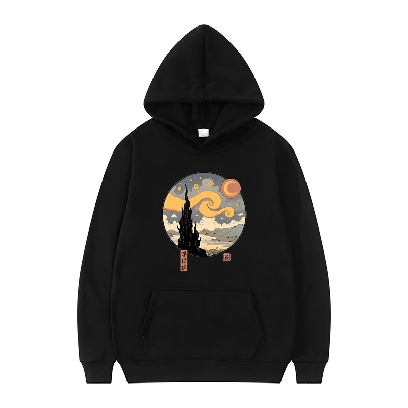 Starry Ukiyo-E Night Printed Hooded Sweatshirt Men's Autumn