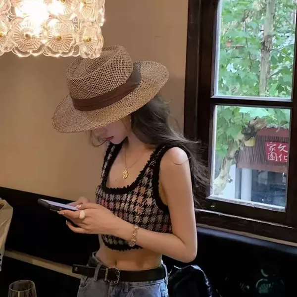 French-Style Hollow-Out Flat-Top Straw Hat for Women, Summer Seaside Vacation Style Beach Straw Hat, Sun Protection Sun Hat