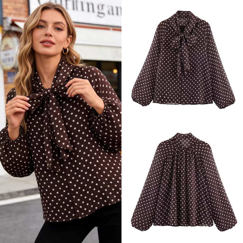 Z Brand Foreign Trade Cross-Border Ready Stock European and American Style Women's Clothing 2026 Spring New Lace-Up Polka Dot Print Shirt