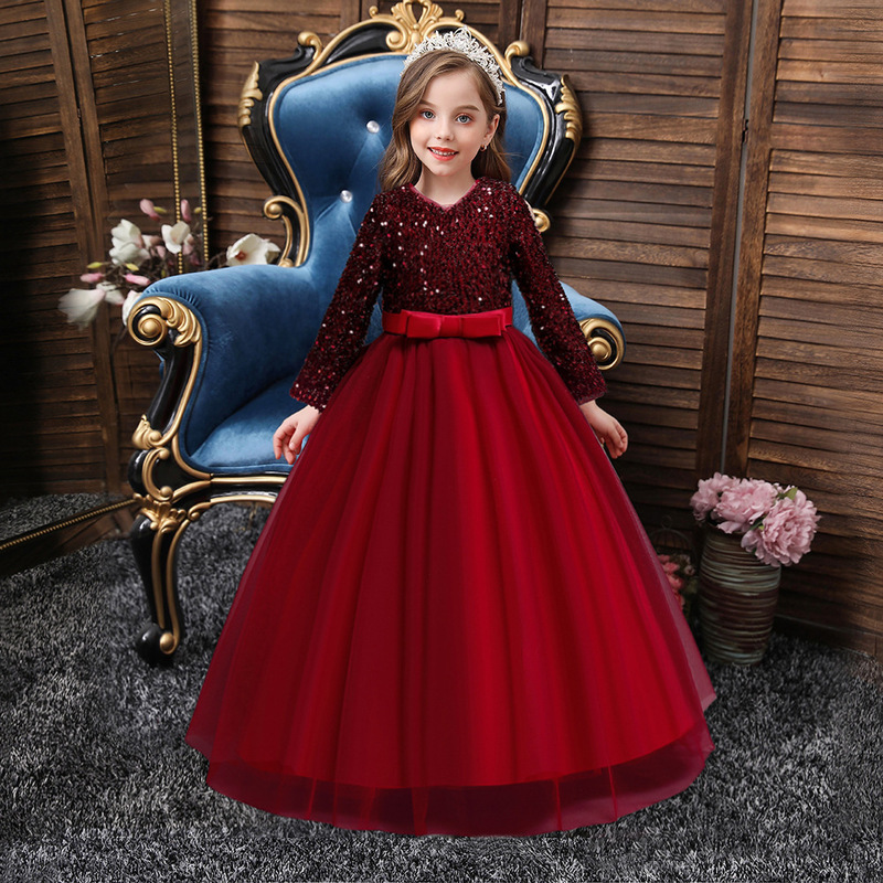European and American Export Long-Sleeved Girls' Children's Dress 2026 New Birthday Party Ball Dress Bow Sequin Dress