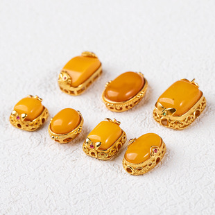 S925 silver gold-plated inlaid natural amber beeswax silver beads rectangular hand bracelet rope DIY accessories