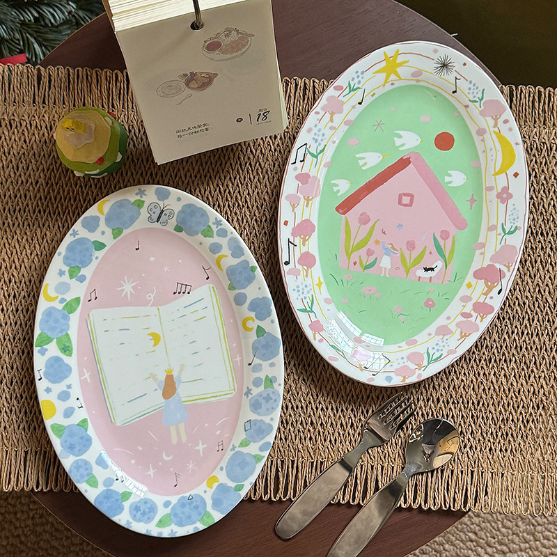 Copyright ins cartoon fun hand-painted illustration style ceramic plate gift girl heart breakfast plate dessert plate 10 inches