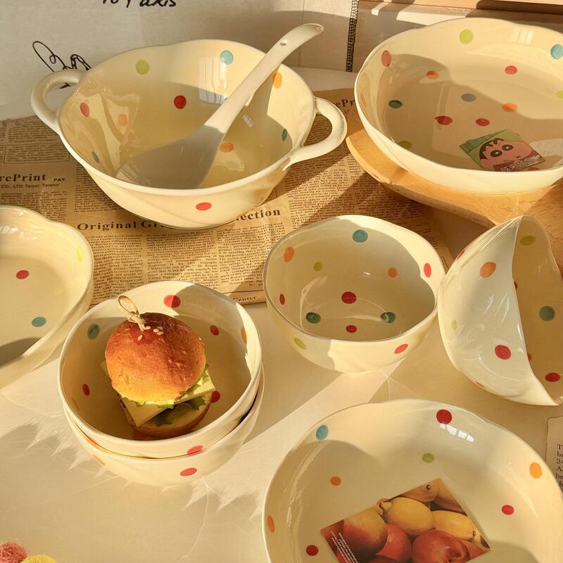 Cute Polka Dot Ceramic Tableware, Particularly Beautiful Bowls, One-Person Dishes, Household Plates, Soup Bowls, Rice Bowls