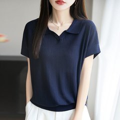 ドロップシッピング 2025 夏ホットスタイルリヨセルポロカラーニット半袖ファッショナブルなルーズスリム Tシャツ
