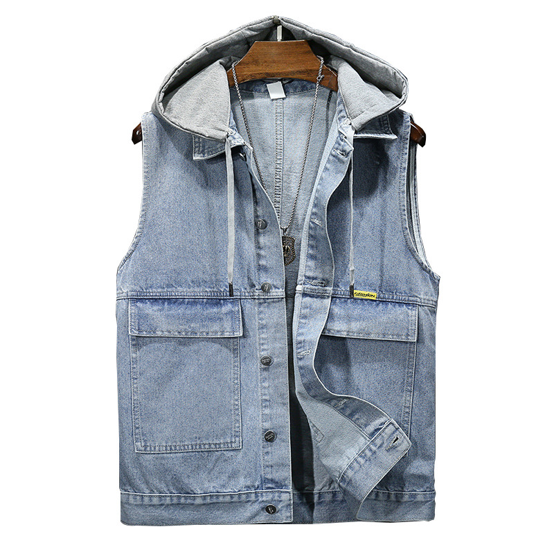2023 New Trendy Men's Vest Four Seasons Loose and Fashionable Kamp Shoulder Detachable Hooded Cowboy Vest_voghion.com