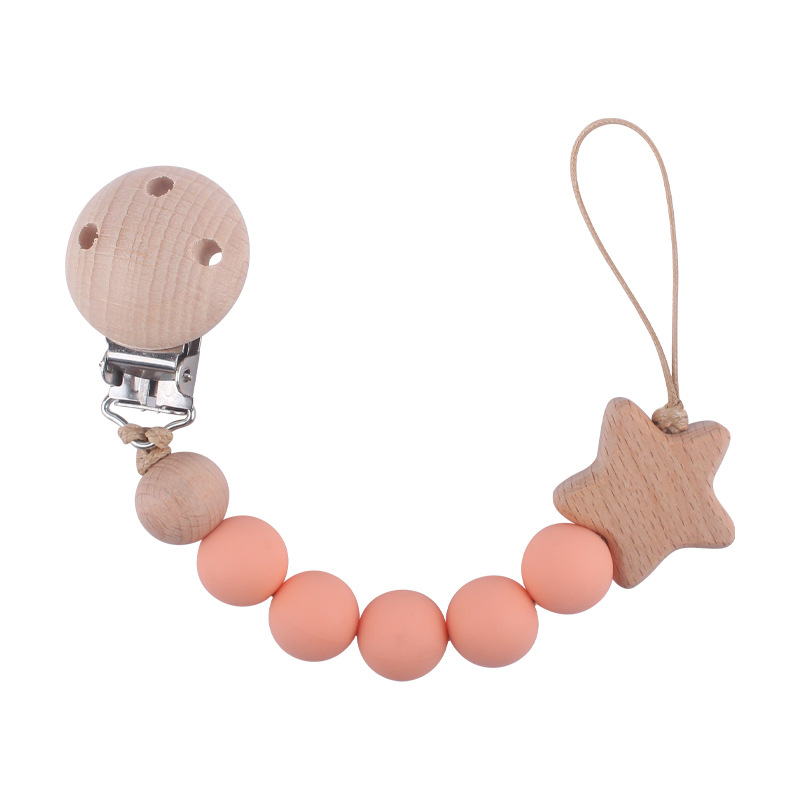 Nuevo bebé haya chupete clip calmante bebé cuentas de silicona estrella de haya de dibujos animados cadena de chupete cadena anti-gota