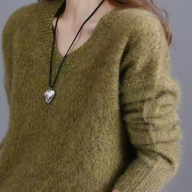 AB花纱新款~拉绒羊毛衫女气质V领加厚针织宽松打底衫百搭慵懒毛衣|undefined