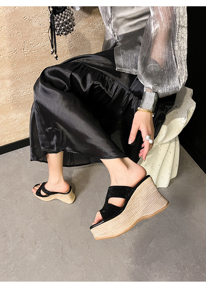 Sandal cao gót nữ đế xuồng đính đá quai ngang — màu đen, màu trắng ngà chi tiết 7