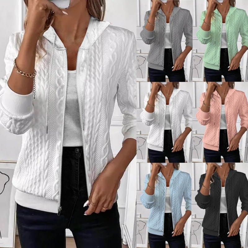 2025 Independent Station Wish Amazon Autumn and Winter Pure Color Long-Sleeved Knitted Zipper Hooded Sweatshirt Jacket for Women