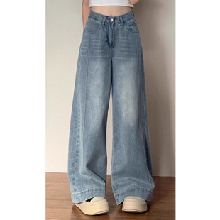 plus size Women's light blue Denim Wide Leg Pants Women's Spring New plus size Pear-Shaped Figure Dape Straight Pants