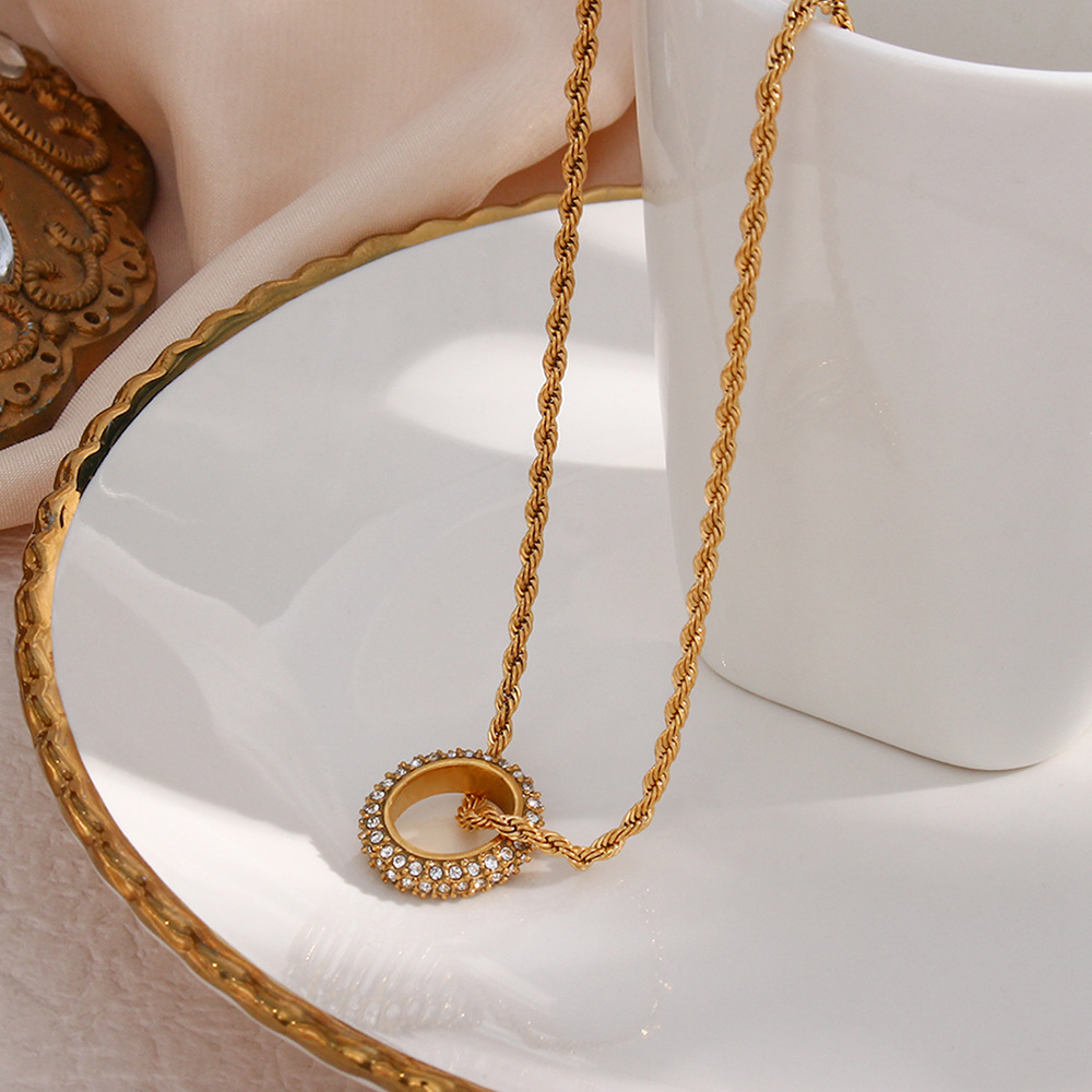 Basic Round Stainless Steel Necklace Inlaid Zircon Stainless Steel Necklaces_colorza_1