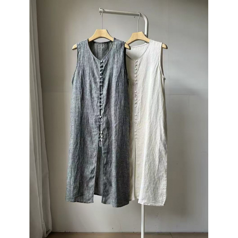 Casual and relaxed plus-size slimming tank dress for women, summer loose mid-length cotton-linen shirt dress