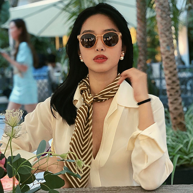 Yang Caiyu Same Style Silk Scarf Anjia Star Scarf Nordic Striped All-match Small Square Scarf Spring and Autumn Thin Silk-like Summer