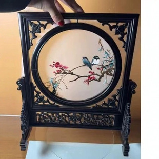 Suzhou embroidery ornaments handmade double-sided embroidery peony purple light sandalwood five blessing stand hand gift gift to foreign friends gift box