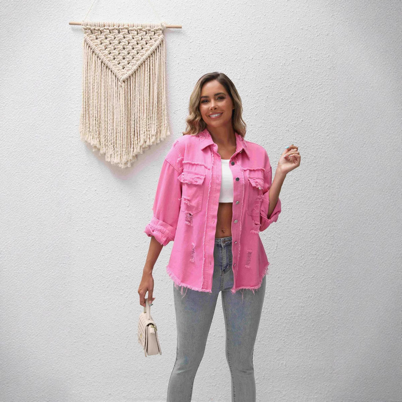 Cross-Border European and American Denim Jacket for Women Pink Loose Denim Ripped Jacket Plus Size Women's Long-Sleeved Denim Jacket