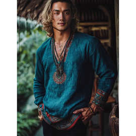 跨境大码热销春季男士波西米亚风假日风格复古印花休闲长袖上衣